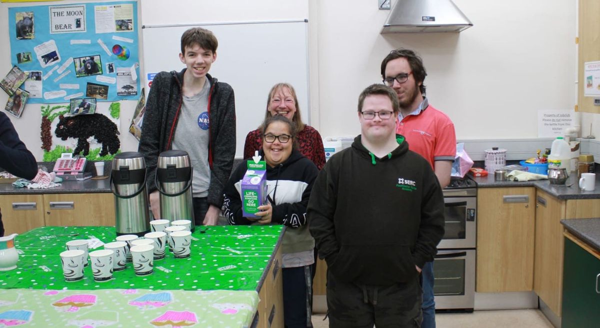 Foundation Learning Year 2 students from Newtownards campus (from left to right) Patrick Brown, with Heather Dunn, Associate Lecturer in Business, Erin Graham, Reece Bell (back) and James Warren (front).